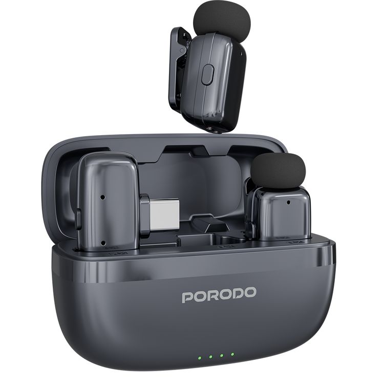 Porodo Wireless Lavalier Microphones with Type-C Connector, Noise Reduction, 33 Hours Working Time with Charging Case, 250mAh Case Battery Capacity, <22ms Latency, Plug & Play - Black