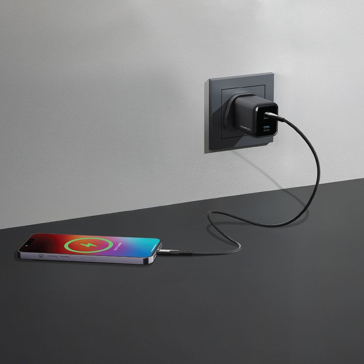 Powerology Volt-X 45W Dual-Port GaN Wall Charger, Fast Charging Speed, USB-A & USB-C Output, Wide Compatibility, Compact Travel Size, Universal Protocol Support - Black