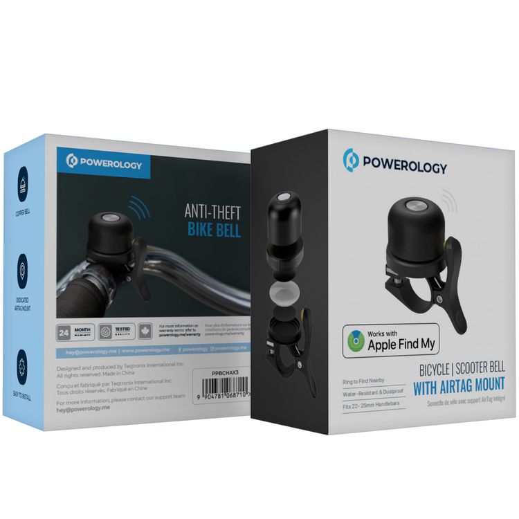Powerology Anti-Theft Bicycle & Scooter Bell with Dedicated AirTag Mount, 210mAh Battery Capacity, Fits 22-25mm Handlebars, 80-100dB Bell Volume, Find My App Compatibility, 16 Months Standby, Accelerometer Sensor, Easy to Install - Black