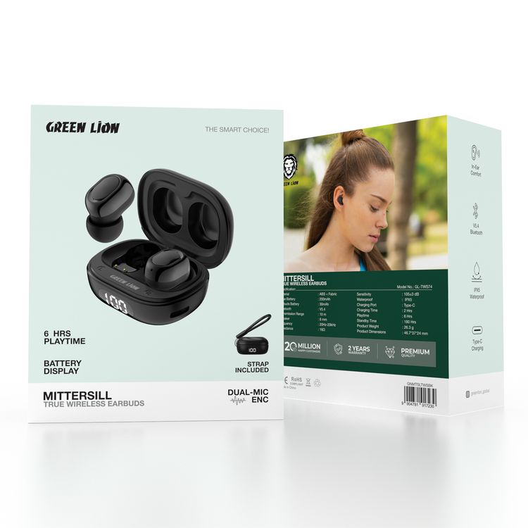 Green Lion Mittersill True Wireless Earbuds with ENC, Up to 6 Hours Playtime, IPX5 Waterproof Resistance Level, Bluetooth Version 5.4, Up to 10m Transmission Range, Type-C Charging Port, Dual-Microphone, Strap Included - Black