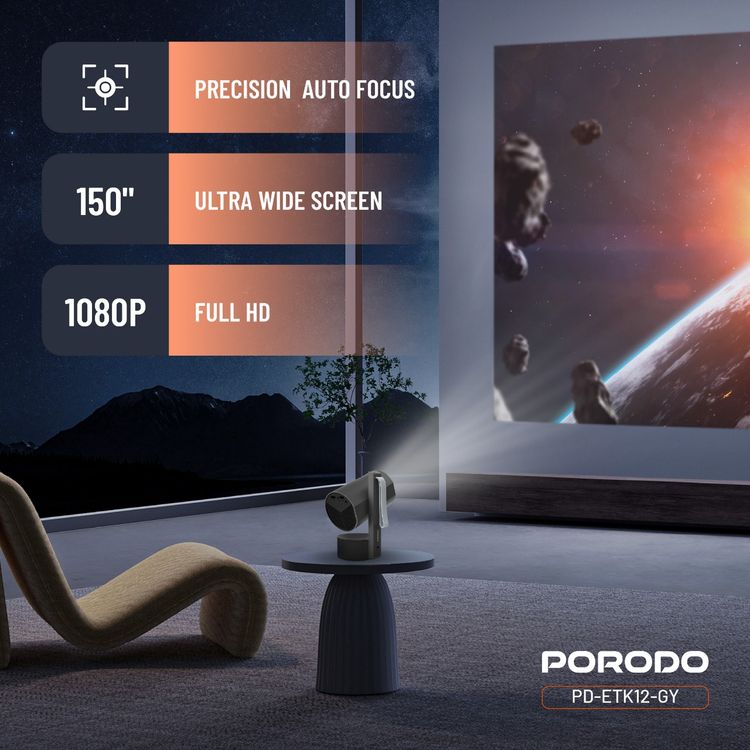 Porodo Full HD Portable Smart Projector with Auto-Focus & Keystone, 65W Power Consumption, 1080 pixels Resolution, Up to 150-inch Projection Size, 2 Hours Battery Life, 30000 Hours Light Source Life, 5000mAh Battery Capacity, 3-inch HD LCD Display, 250 ANSI Brightness, Bluetooth Version 5.0 - Gray