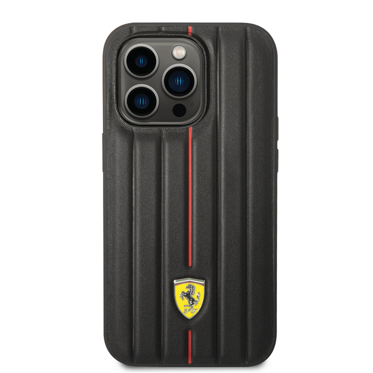 Ferrari Leather Case With Embossed Stripes & Yellow Shield Logo - iPhone 14 Pro Max - Black