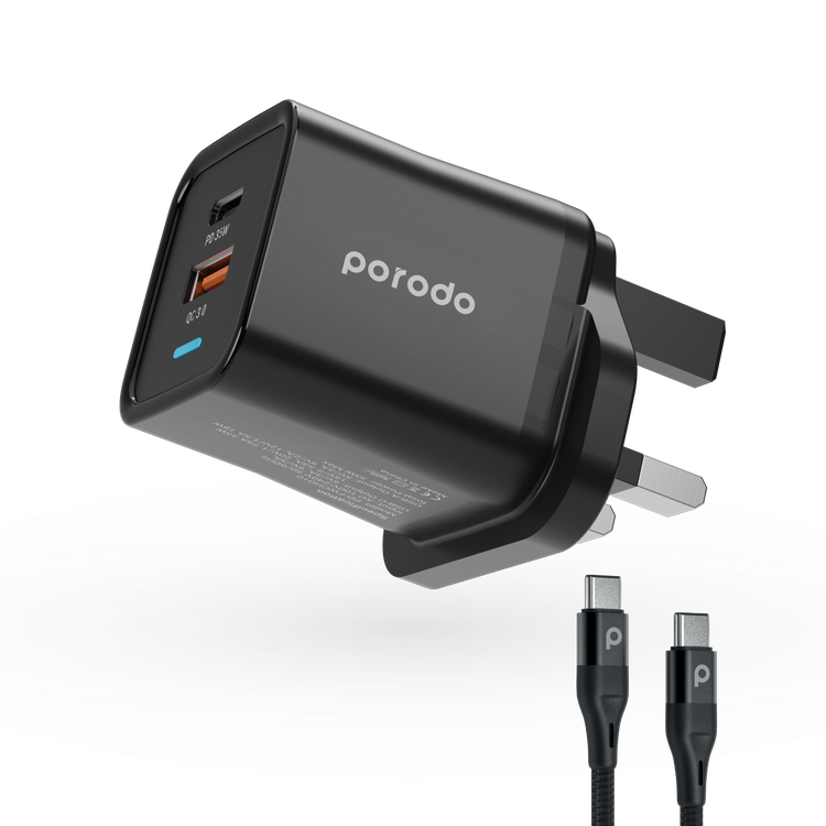 Porodo Dual Port PD + USB-A (35W+18W) Charger with Type-C To Type-C Cable - Black