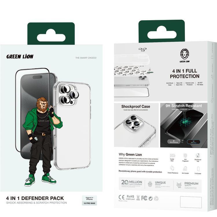 Green Lion 4-in-1 Defender Pack for iPhone 16 Pro Max, Anti-Shock Case, Nano HD Full Protection, Camera Lens Film, 3D Pet HD Glass - Clear 