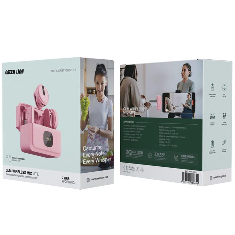 Green Lion GLM Wireless Microphone Lite with Environmental Noise Cancellation, ×2 Microphones, One Receiver, Up to 7 Hours Working Duration, 360° Pick Up, Compact & Portable, Up to 20m Transmission Distance, USB-C Interface, 4 Times Charging Case Time - Pink