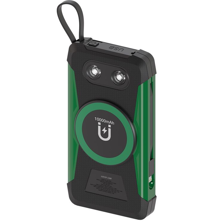 Green Lion Solar Trex 10000mAh Power Bank with 20W Fast Charging, ]IP65 Dust & Water Resistant, Built-in Type-C & Lightning Cables, Wireless Charging, Built-in Safeguards, TPU + Silicone + PU Material - Black