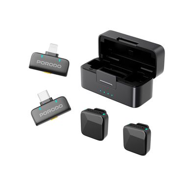 Porodo Orion Lavalier Dual Microphones with Type-C & Lightning Connector, Precise Reverb, 1 Hour Charging Time, 5 Hours Working Time, 650mAh Case Battery Capacity, 55mAh Microphone Battery Capacity, 15-20m Transmission Distance, Auto Pairing Technology, Instant Wireless Setup - Black
