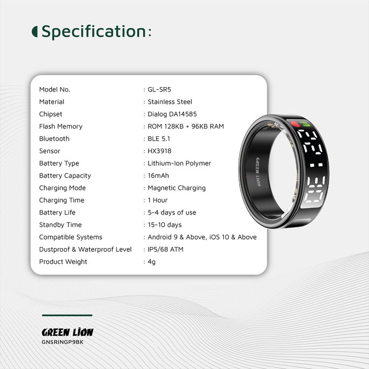 Green Lion Smart Ring Pro with Digital Display, Size 9 (18.9mm), 5.1 Bluetooth Connection, IP68 Waterproof Level, 5 ATM Dustproof Level, 128KB ROM + 96KB RAM, 10–15 Days Standby Time, Compatible with Android 9 & Above, iOS 10 & Above - Black