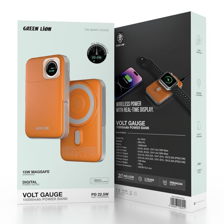Green Lion Volt Gauge 10000mAh Power Bank PD 22.5W with iWatch Wireless Charging, MagSafe Compatible, Real-Time Power Display, Dual USB-C Ports, MagSafe Compatible, Flight Approved, Built-in Kickstand - Orange