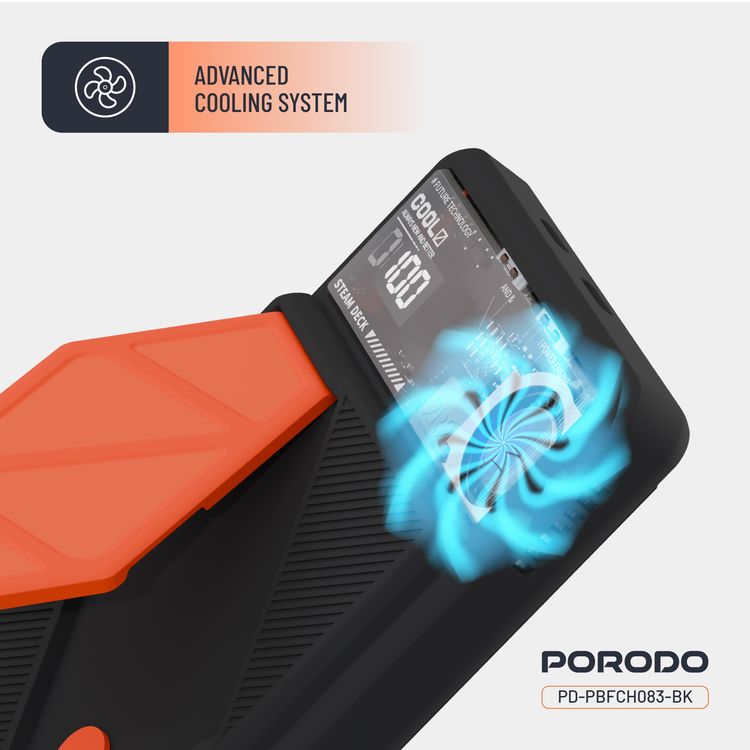 Porodo 10000mAh MagSafe Power Bank with Smart Thermal Cooling, 20W PD USB-C Output, 15W Wireless Charging Output, 10W Lightning Input, Built-in Stand, RGB Dynamic Lights - Black