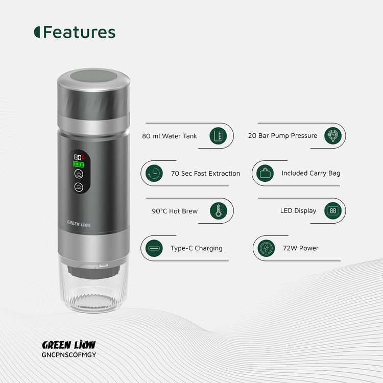 Green Lion Campinas Portable Coffee Maker with 150mL Coffee Cup Capacity, 20 Bar Pump Pressure, 70 Seconds Fast Extraction Time, Carrying Bag Included, 90°C Heating Temperature - Gray