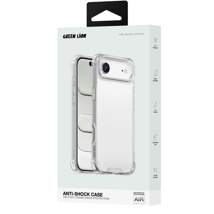 غطاء مضاد للصدمات من Green Lion لهاتف iPhone 17 Air، وضوح عالي الدقة، مقاوم للخدوش، وسادة هوائية، حماية من السقوط، حماية هجينة، حماية للكاميرا، قبضة مريحة - شفاف