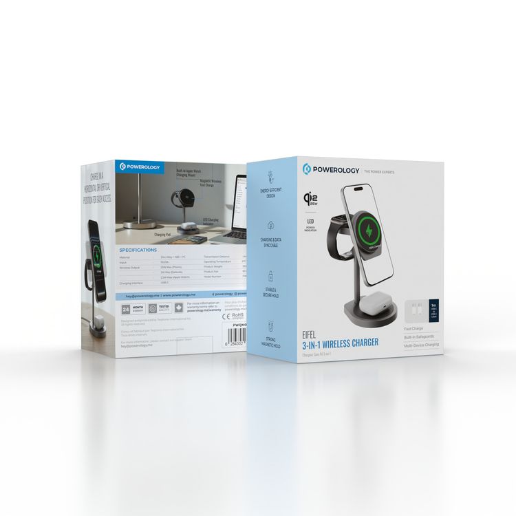 Powerology Eifel 3-in-1 Wireless Charger with Stable and Secure Hold, Energy-Efficient Design, Charging and Data Sync Cable, Strong Magnetic Hold, Built-in Safeguards, Multi-Device Charging, ≤4 mm Transmission Distance, 1m USB-C to USB-C Cable Included, Fast Charge - Gray