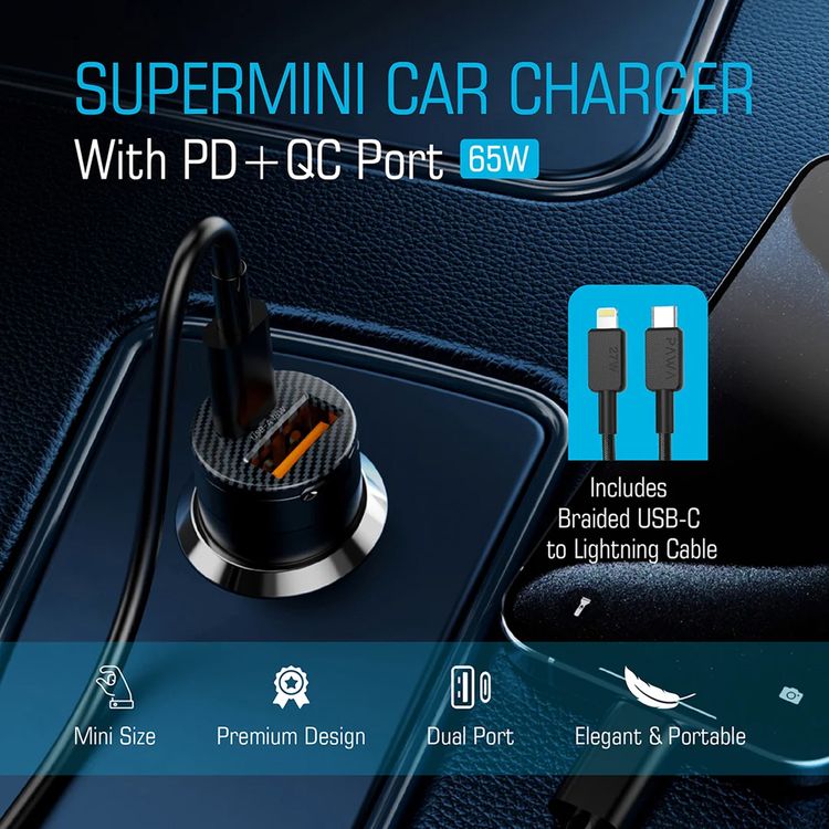 شاحن سيارة Pawa Supermini ثنائي المنفذ بقوة 65 وات مع كابل مضفر من Type-c إلى Lightning - أسود