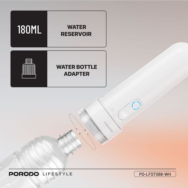 Porodo Lifestyle Electric Travel Bidet with 3 Spray Modes, Smart Memory Recall, Water Bottle Adapter, 180mL Water Reservoir, Waterproof - White 