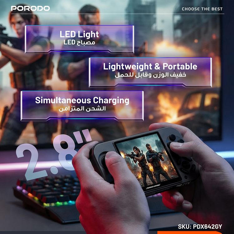 Porodo Gaming Powerplay Power Bank Gaming Controller with LED Light, Lightweight & Portable, 3D Dual Joystick, 2.8" Display Size, PD 20W Fast Charging, 15W Wireless Charging, 12 Hours Working Time, Simultaneous Charging, 4000 TF-Game, USB-C Port - Gray