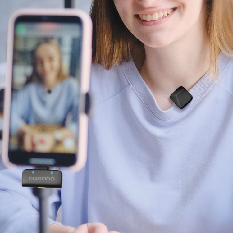 Porodo Orion Lavalier Dual Microphones with Type-C & Lightning Connector, Precise Reverb, 1 Hour Charging Time, 5 Hours Working Time, 650mAh Case Battery Capacity, 55mAh Microphone Battery Capacity, 15-20m Transmission Distance, Auto Pairing Technology, Instant Wireless Setup - Black