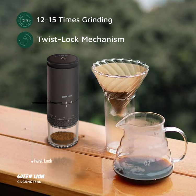 Green Lion Grind Pro Coffee Grinder with Digital Display, Type-C Charging, Touch Control, 12-15 Times Grinding, 25g Bean Holder, Compact & Travel-Friendly, Ceramic Grinding Core - Black