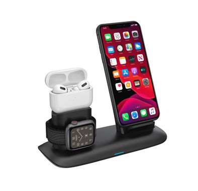 Porodo 4-in-1 Charging Station with Built-in Lightning Connector, Magnetic Charging for AirPods & Smartwatches, 10W Phone Output, 2W Watch Charger Output, Qi Standard - Black
