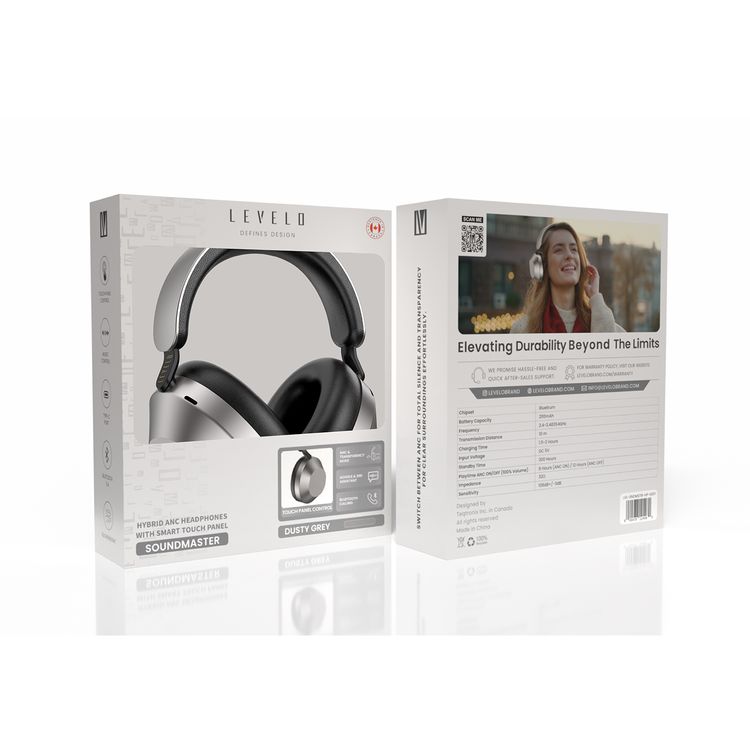 Levelo SoundMaster Hybrid ANC Headphones With Smart Touch Panel, Featherweight, Transparency Mode, Google & Siri Assistant, Music Control - Dark Gray