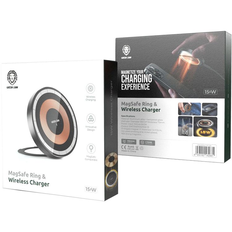 حلقة MagSafe من Green Lion وشاحن لاسلكي مصنوع من سبائك الألومنيوم ومادة الزجاج المقوى، متوافق مع MagSafe، مغناطيسي قوي N52، تصميم مبتكر - أسود