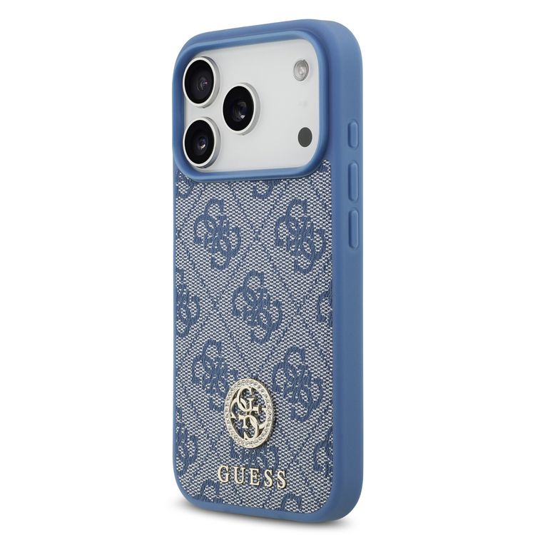 جراب جلد PU 4G من Guess مع شعار كلاسيكي ومرصع لـ iPhone 17 Pro، تصميم خفيف الوزن، حماية من السقوط، سهل التركيب، بروفايل نحيف، تغليف مستدام، قبضة مريحة - باللون الأزرق