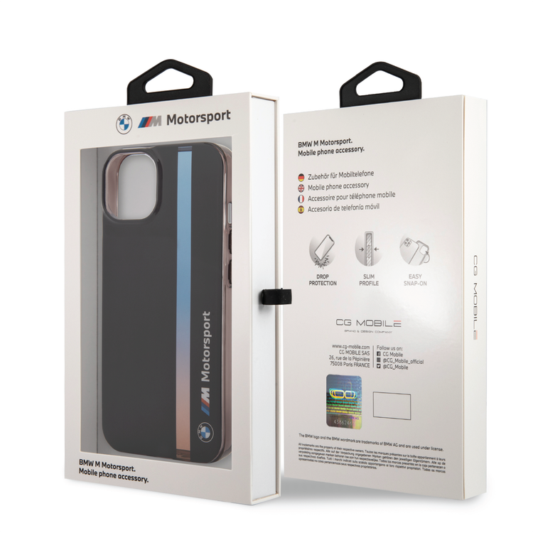 BMW Motorsport Collection PC/TPU IML Case with Printed Tricolor Fading Stripe iPhone 14 Plus Compatibility - Black