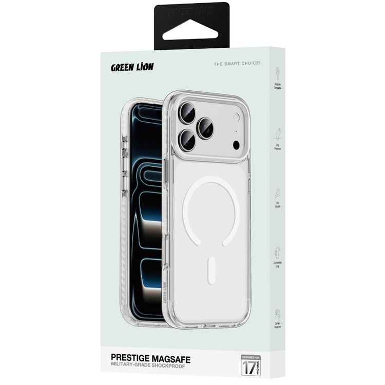 جراب جرين لايون بريستيج MagSafe لهاتف آيفون 17 برو ماكس، مضاد للخدوش، مقاوم للصدمات بمعايير عسكرية، حماية للكاميرا ومنع السقوط، قبضة مريحة - أبيض