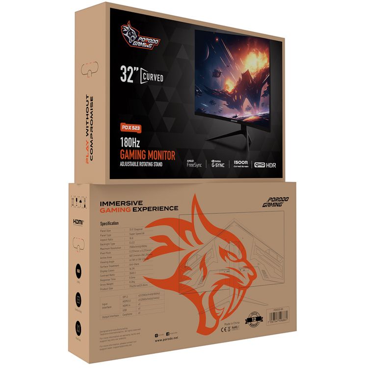 Porodo Gaming Wide Screen Gaming Monitor with 31.5" Diagonal Panel, Adjustable Rotating Stand, Anti-Glare Surface, RGB Lighting, 6.5ms Response Time - Black