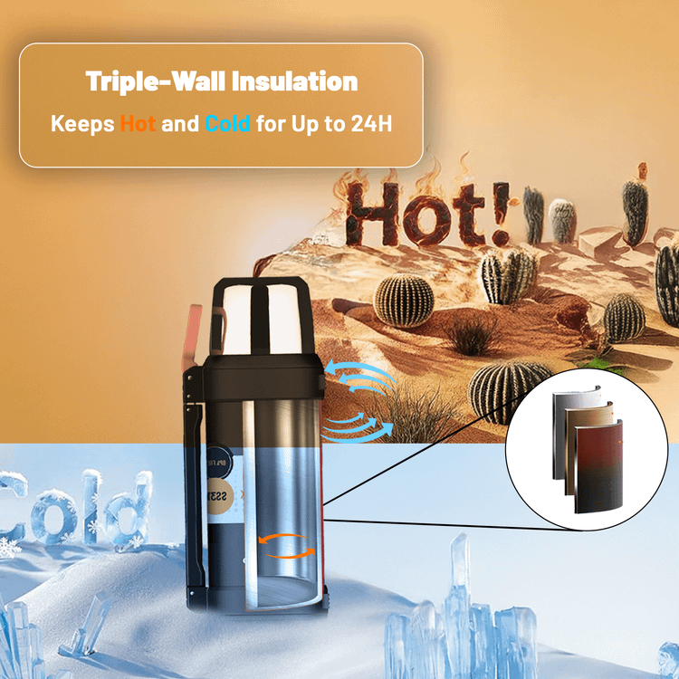 Porodo Lifestyle Outlander Insulation Flask with Triple-Wall Copper Insulated, Leak-Proof Lid, 2L Capacity, Keep Hot & Cold Up to 24 Hours, Food-Grade Stainless Steel - Black