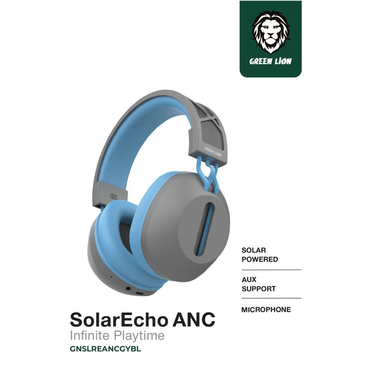 Green Lion SolarEcho ANC Over-Ear Headphones, Up to 30 Hours Talking Time, 10m Working Distance, 40mm Speaker Size, Microphone Available, AUX Support - Gray / Blue