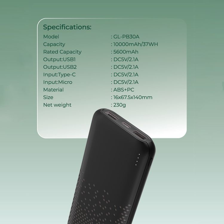 Green Lion Rome 10000mAh Power Bank with 2× USB-A Ports, Type-C & Micro Input, Long Life Battery, ABS & PC Material, Lightweight & Ultra Slim Design - Black