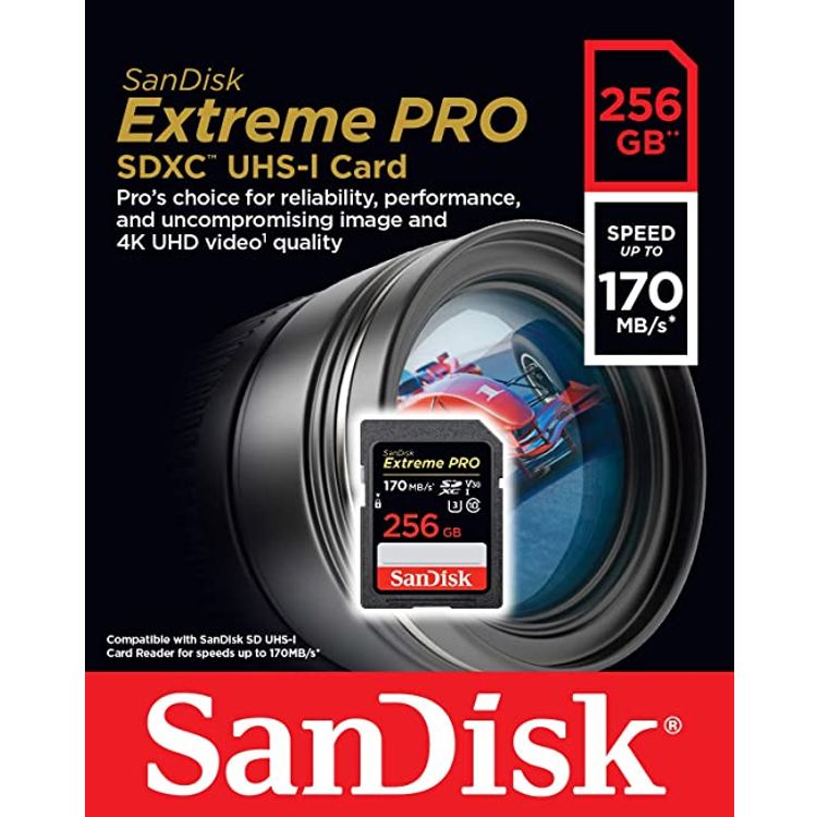 Sandisk 256GB Extreme Pro SDXC Card 170 Mb/s V30 UHS-I U3