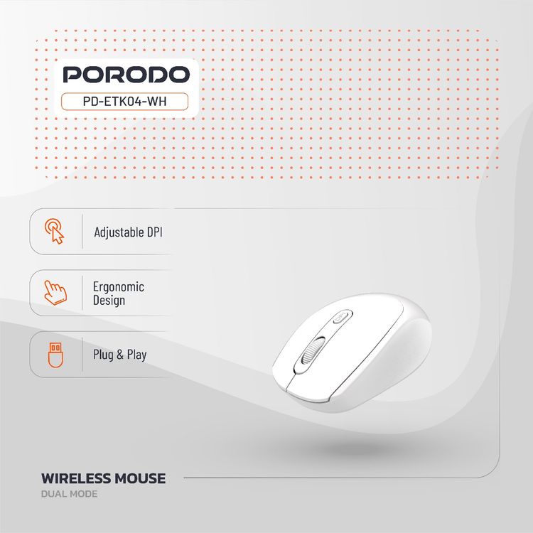 Porodo Dual Mode Wireless Mouse with Adjustable DPI Up to 1600, 7m to 10m Effective Range, 300mAh Battery Capacity, Bluetooth V5.4, Ergonomic Design, Plug & Play - White