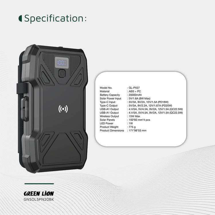 Green Lion Solar 5-Panel 20000mAh Power Bank with LCD Battery Display, IP54 Waterproof, 3 LED Modes, QC 22.5W Fast Charging, 15W Wireless Charging - Black