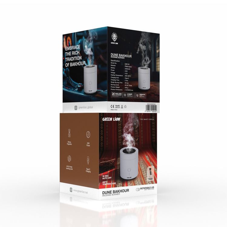 Green Lion Dune Bakhour Incense Burner with 2000mAh Battery Capacity, PA66 & Nylon Material, 300-400° C Heating Temperature, 2 Hours Charging Time, Type-C Charging Port, Strong Fragrance, Included Tweezer - White