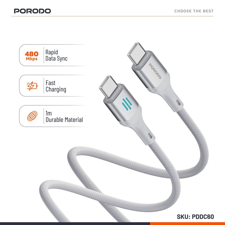Porodo USB-C to USB-C Charging & Data Cable with 60W Power Delivery, 1m Cable Length, Braided Cable with Tangle-Free Design, 480Mbps Data Transfer Speed, Fast Charge - Silver