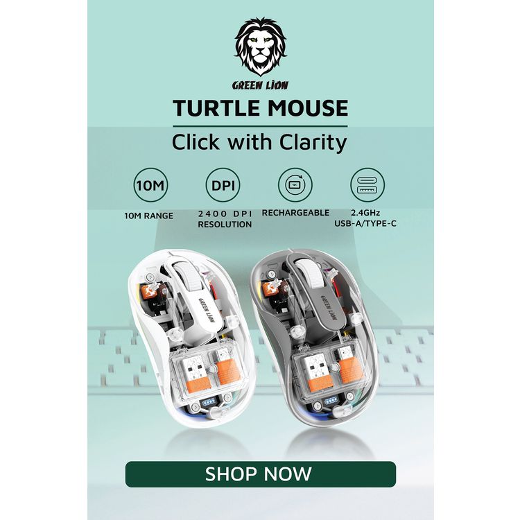 Green Lion Wireless Turtle Mouse, Connects to Up to 3 Devices Simultaneously, 3 Million Times Clicking Life, Up to 2400DPI Resolution, Rechargeable 400mAh Battery, 10m Distance Range - Gray