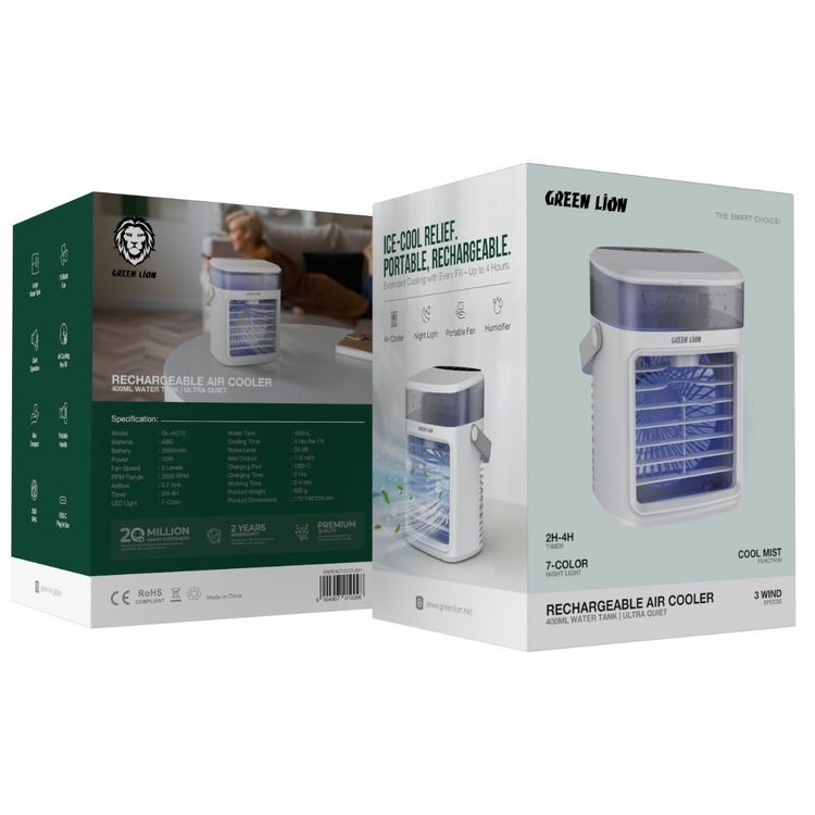 Green Lion Rechargeable Air Cooler Fan with 4 Hours Working Time, Large Water Tank, USB-C Plug-in Use, 3-Blade Fan, Night Light, Quiet Operation - White