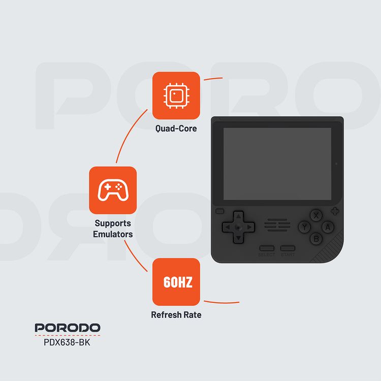 وحدة تحكم ألعاب Porodo Gaming Retro Arcade، محاكي ثلاثي الأبعاد، تصميم مريح، تشغيل صوتي غامر، شاشة IPS مقاس 3.5 بوصة، عمر بطارية 6 ساعات، بطارية 3000 مللي أمبير في الساعة - أسود
