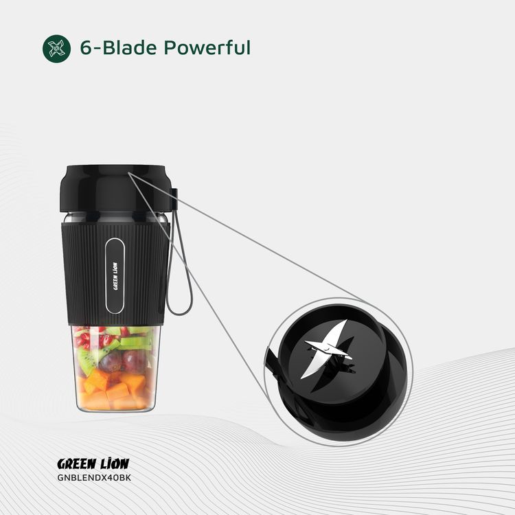 عصارة Green Lion G-Blend X المحمولة بسعة 300 مل، سعة بطارية 1500 مللي أمبير، مادة البرطمان من البولي كربونات، مادة الشفرة من الفولاذ المقاوم للصدأ، منفذ شحن من النوع C، وقت شحن 3-4 ساعات - أسود