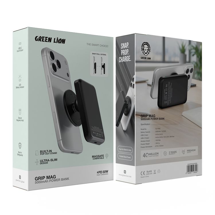 Green Lion Grip Mag بنك طاقة 5000mAh مع PD 30W، متوافق مع MagSafe، مؤشر بطارية LED، تثبيت مغناطيسي آمن، حماية مدمجة، حامل و مقبض بارز، طاقة بحجم الجيب، تصميم فائق النحافة - أسود