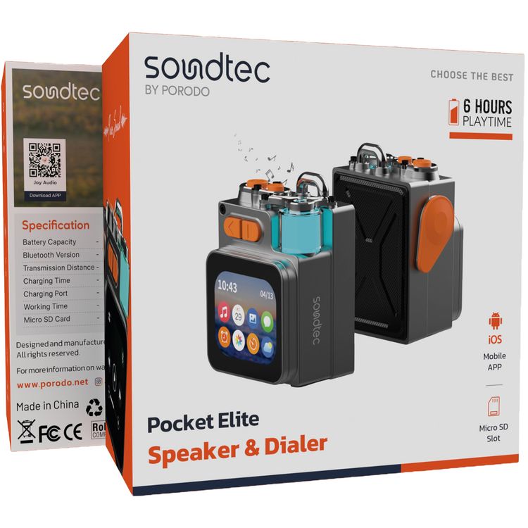 Porodo Soundtec Pocket Elite Speaker & Dialer with 5W Rated Power, 1200mAh Battery, 5.4 Bluetooth Connection, 15m Transmission Range, 4-6 Hours Working Time - Black