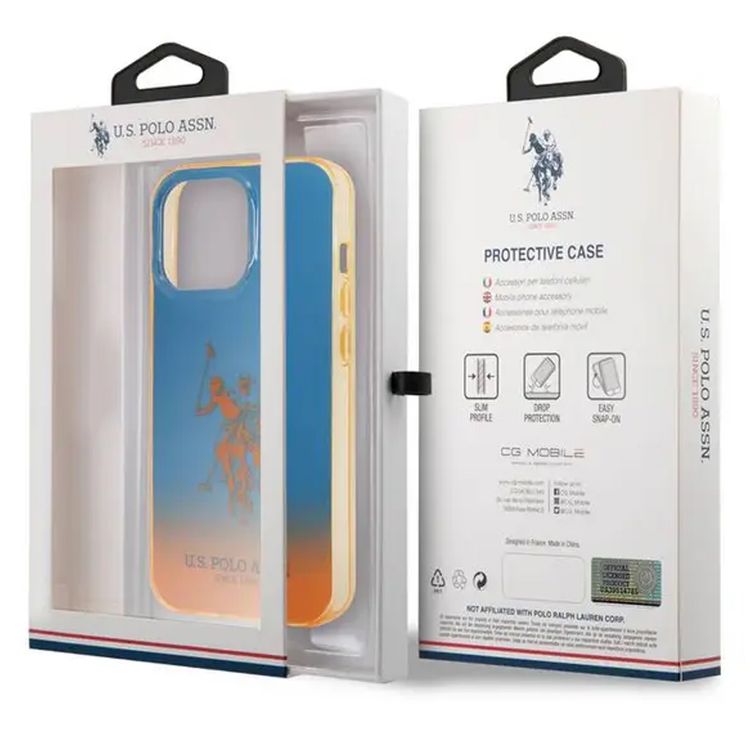 USPA PC / TPU جراب متدرج مع مصد مصبوغ وشعار الحصان متوافق مع iPhone 14 Pro - أزرق / برتقالي