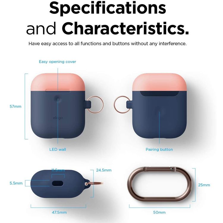 Elago Duo Hang Silicone Case with Apple AirPods Case 1 & 2 Generation, Drop Resistant, Dustproof and Absorbing Protective Cover with Hang Case Body-Jean Indigo / Top-Peach, Gray