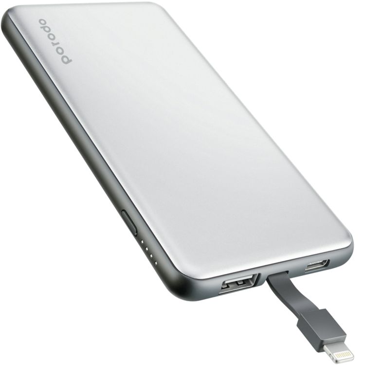 Porodo 10000mAh Super Slim Power Bank with Built-in Lightning Cable, LED Indicators, Li-Polymer Battery, Overcharge & Overheat Protection, 15W Type-C Output, LED Power Indicators - Silver