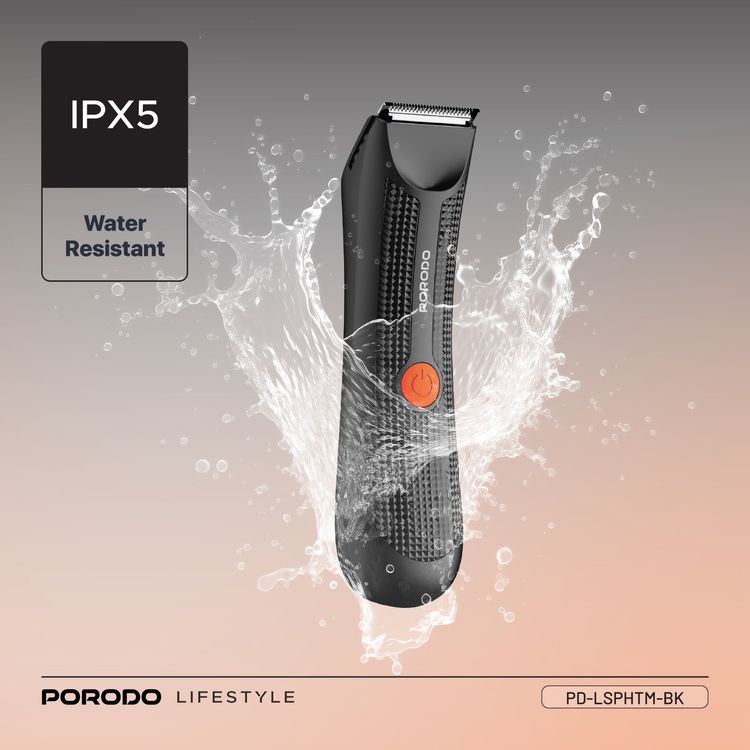 Porodo Lifestyle Sensitive Parts Hair Trimmer, 3.7V 600mAh Battery Capacity, 80 Minutes Working Time, 90 Minutes Charging Time, Ergonomic no-Slip Handle, IPX5 Water-Resistant - Black