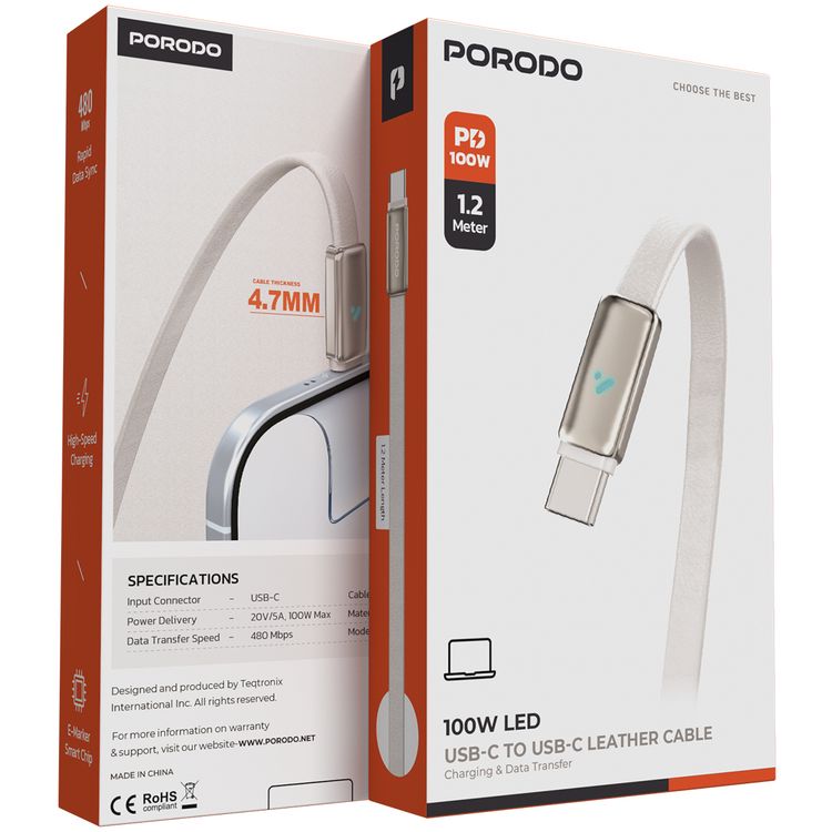 Porodo 100W Led USB-C to USB-C Leather Cable, Charging & Data Transfer, 1.2m cable Length, High Speed Charging, 4.7mm Cable Thickness, 480Mbps Data Transfer Speed - White