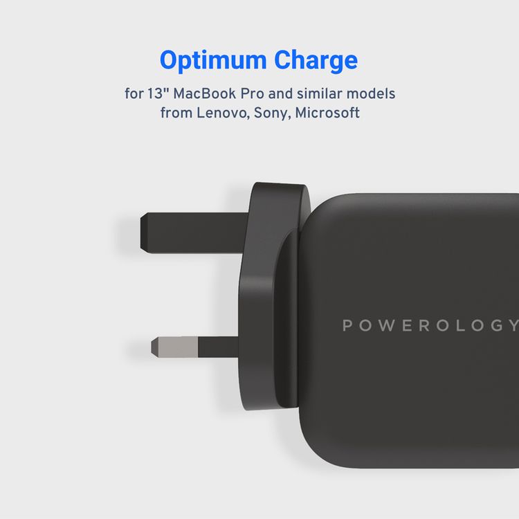 Powerology Ultra-Compact PD Charger with USB-C to USB-C Cable, 61W Power Delivery, 100% Charge in 2 Hours, UK 3-Pin Plug, Built-in Safeguards, Advanced GaN Technology - Black