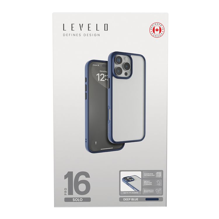 Levelo Solo Case for iPhone 16 Pro with Clearview Technology, Matte TPU Bumper, Comfortable Grip, Impact-Resistant Corners, 3H Scratch Resistance - Deep Blue